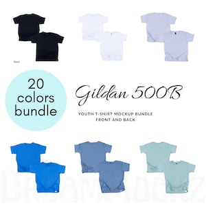 Könnte beinhalten: Ein Mockup-Bundle von Jugend-T-Shirts in verschiedenen Farben, darunter Schwarz, Weiß und Blau. Das Bild zeigt mehrere T-Shirts, die Vorder- und Rückansichten zeigen. Der Text auf dem Bild lautet "20 Farben Bundle" und "Gildan 500B".