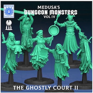 May include: A set of six mint green miniature figures titled Medusa's Dungeon Monsters Vol IV The Ghostly Court II. The figures include a skeleton with a candle and teddy bear, a knight, a jester, a figure with a scroll, and a royal figure.