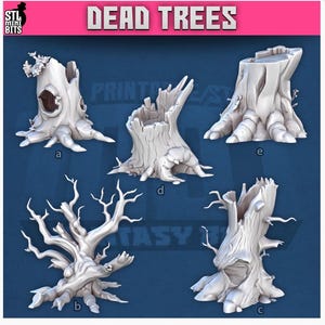 May include: Five white, stylised dead tree models are shown. The trees have different shapes, some with hollow trunks and exposed roots. The text "DEAD TREES" is displayed in a pink banner at the top of the image.