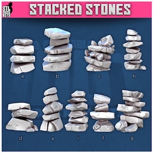 May include: A selection of light grey stacked stone models in different configurations. The stones have a rough texture. The image features the text "STACKED STONES" in a pink and white font.