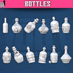 May include: A set of 12 3D printable bottle models, each with a unique design. The bottles are in various shapes and sizes, with some featuring intricate details like straps and stoppers. The models are labeled with letters a through l.