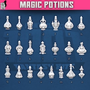 May include: A set of 19 3D printable potion bottles, each with a unique design. The bottles are labelled with letters from a to o. The bottles are all white and have a variety of shapes and sizes.