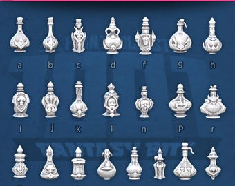 May include: A set of 19 3D printable potion bottles, each with a unique design. The bottles are labeled with letters from a to o. The bottles are all white and have a variety of shapes and sizes.