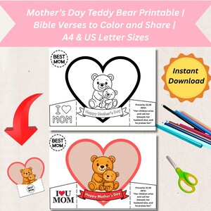 Dibujos para colorear de ositos de peluche para el Día de la Madre con versículos bíblicos / Imprimibles en tamaño A4 y carta / 1 diseño libre extra / Descarga instantánea