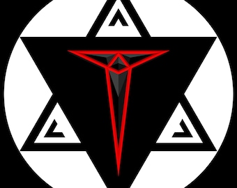 May include: A circular graphic design featuring a black six-pointed star shape against a white background. The star contains a central black triangular element outlined in vibrant red, with additional white geometric accents within the star points.