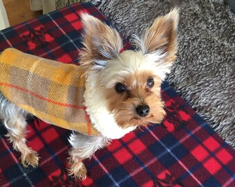 Harris tweed dog coat, yellow dog coat, plaid dog coat, dog coat, pet clothing, small dog coat