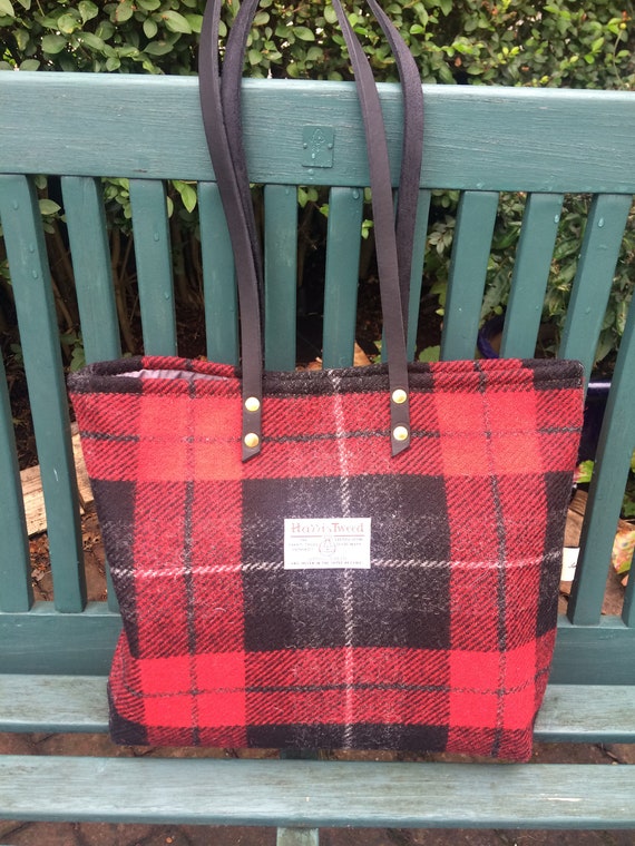 Red black Harris tweed tote bag purse handbag tartan purse | Etsy