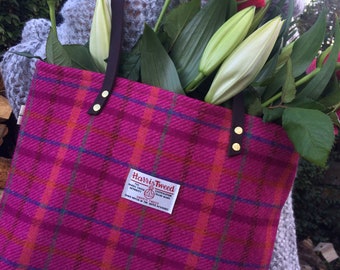 Pink Harris tweed tote, pink handbag, pink purse, pink shoulder bag, work bag, gift for her, girlfriend gift, tartan tote, tartan purse