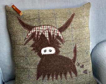 Handmade Harris Tweed Highland Cow Cushion Cover