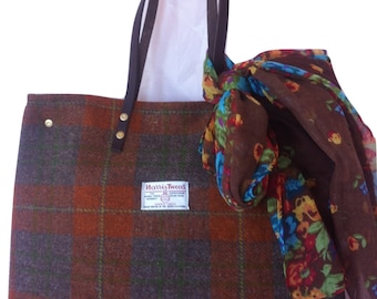 Orange brown Harris tweed tote bag purse handbag tartan gift for women her girlfriend girl large Scottish British