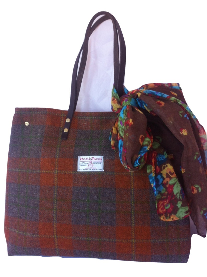 Orange brown Harris tweed tote bag purse handbag tartan gift for women her girlfriend girl large Scottish British image 1