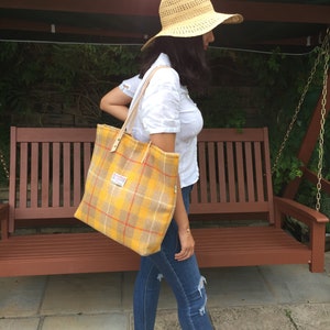 Harris tweed bag, Harris tweed tote, Harris tweed purse, large tote, yellow tote, plaid tote, tartan tote, Scottish gift, girlfriend gift,