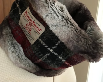 Handcrafted Harris Tweed Cowl, Faux Fur Lined, Cozy Winter Scarf
