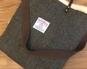 Handmade tote, Harris tweed tote, brown tote, plaid tote, large tote, gift for her, mom gift, girlfriend gift, Harris tweed bag, green tote