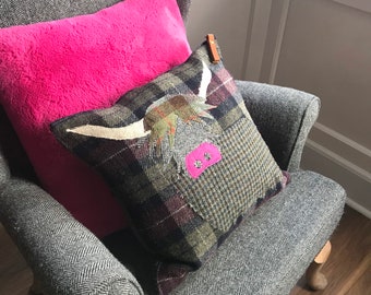 Harris tweed cushion cover, Hughland cow cushion