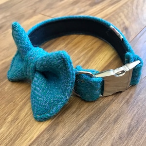 Harris tweed dog collar, plaid dog collar, dog bow collar, dog gift, gift for him, gift for her, blue dog collar, Scottish gift