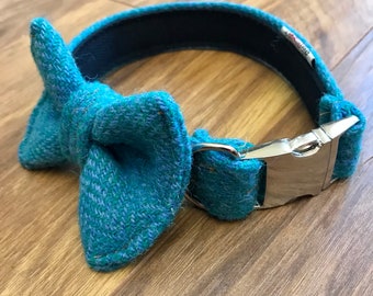 Harris tweed dog collar, plaid dog collar, dog bow collar, dog gift, gift for him, gift for her, blue dog collar, Scottish gift