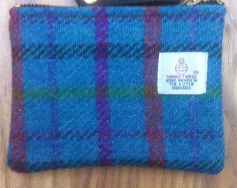 blue plaid coin purse, charger pouch, Harris tweed pouch, Harris tweed purse, mom gift, women's gift, stocking filler, Scottish gift