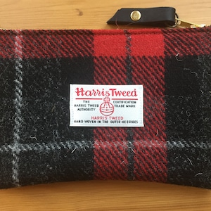 Red Harris tweed purse, red plaid wallet, mom gift, wife gift, red wallet, red pencil case, red cosmetic pouch, tartan wallet, women gift