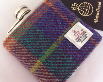 6 oz Harris tweed hip flask made in Scotland groomsmen man gift tartan Scottish vegetarian blue