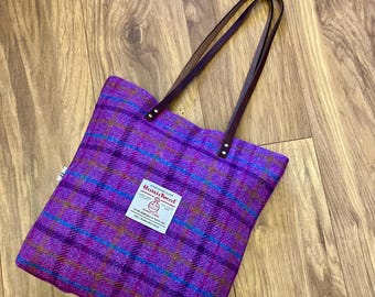 Torba typu tote Harris Tweed Purple z uchwytami ze skóry