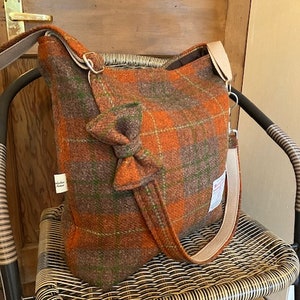 New hand made Harris tweed tote messenger bag purse plaid tartan large gift for her orange Scottish