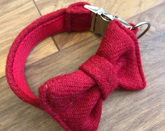 Harris tweed dog collar, red dog collar, dog collar with bow, dog gift, gift for her, gift for him