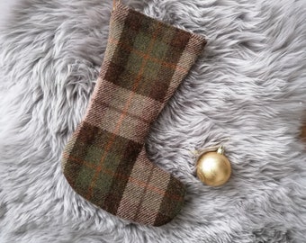 green Christmas stocking, tartan stocking, Harris Tweed stocking, Christmas decorations, holiday decorations, gift for him, gift for her