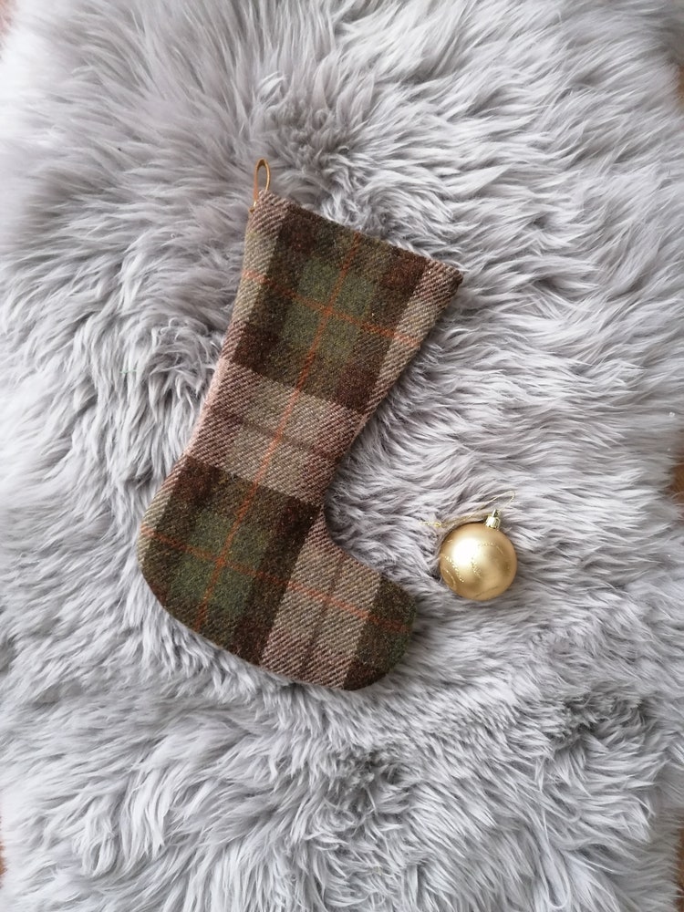 green Christmas stocking, tartan stocking, Harris Tweed stocking, Christmas decorations, holiday decorations, gift for him, gift for her