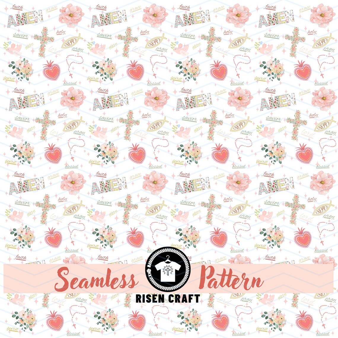 Pink Christian Pattern Pastel Pink Catholic Floral Seamless Pattern With Rosary, Cross, Dove ...