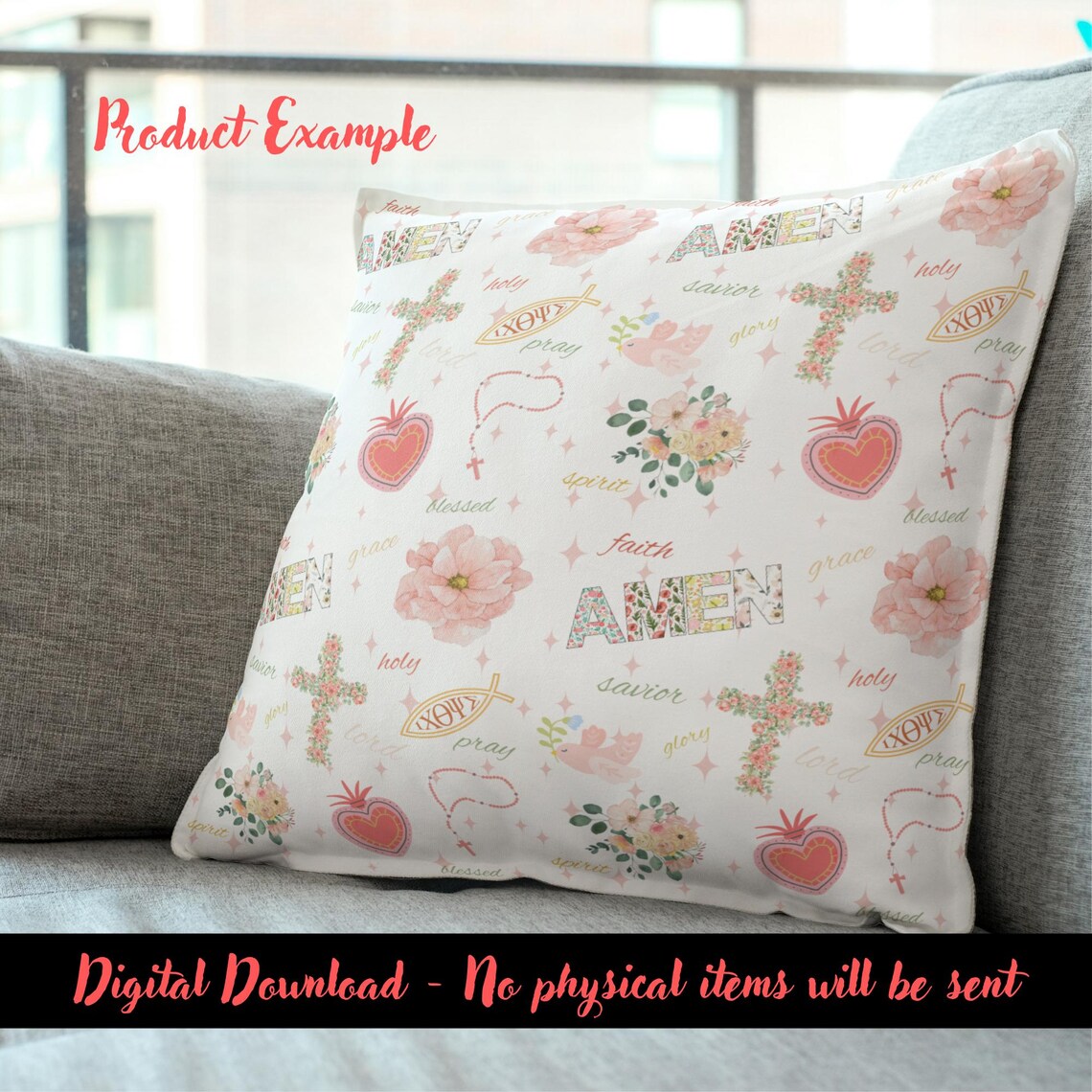 Pink Christian Pattern Pastel Pink Catholic Floral Seamless Pattern With Rosary, Cross, Dove ...