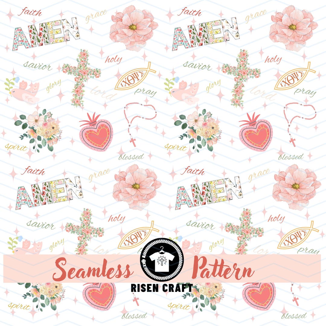 Pink Christian Pattern Pastel Pink Catholic Floral Seamless Pattern With Rosary, Cross, Dove ...