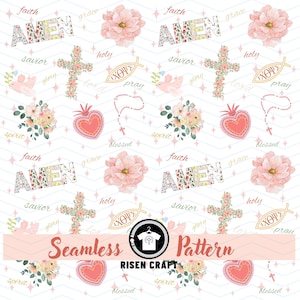 Op de afbeelding: Een naadloos patroon met religieuze en bloemmotieven. Het ontwerp bevat het woord "AMEN" in een bloemige letter, kruisen, harten, bloemen en het Griekse symbool voor vis. De woorden "geloof", "genade", "redder" en "gezegend" zijn ook aanwezig.