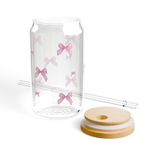 Glass Sipper, Pink Bow Girly Cup, Trendy 16oz Cup for Her, Bow Glass Sipper with Straw, Gift Idea
