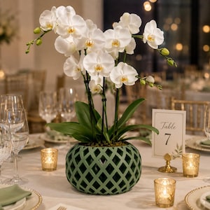 May include: A white Phalaenopsis orchid plant with multiple blooms and green leaves, potted in a round, sage green lattice-patterned planter. The plant is centered on a table setting with glassware, gold votive candles, and a table number card.
