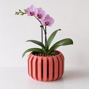 May include: A potted orchid plant with pink and purple striped flowers. The plant sits in a coral-colored, slatted planter. The leaves are green, and the pot is filled with small, brown pebbles.