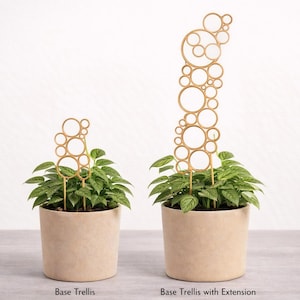 May include: Two potted plants with green foliage are displayed. Each plant has a beige pot and a gold-colored trellis. The trellis is made of connected circles. One trellis is shorter, and the other is taller with an extension. Text at the bottom reads "Base Trellis" and "Base Trellis with Extension."