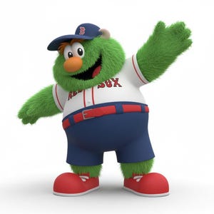 May include: A cartoon mascot with green fur, an orange nose, and a blue baseball cap with a "B" logo. The mascot wears a white jersey with "RED SOX" and a red belt, blue shorts, and red shoes. It is smiling and waving.