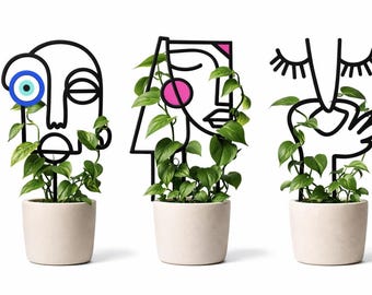 Climbing Vine Stake, Abstract Face Plant Trellis – Modern Houseplant Support, Plant Lover Gift