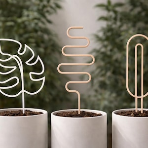 May include: Three modern plant stakes in white pots. The stakes have unique designs: a white outline of a monstera leaf, a beige wavy line, and a beige elongated U-shape. The pots are white and filled with soil.