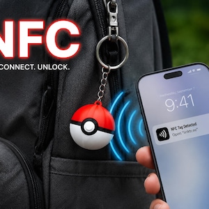 May include: A red, white, and black NFC tag keychain is attached to a black backpack. The text "NFC TAP. CONNECT. UNLOCK." is displayed. A smartphone shows a notification that an NFC tag has been detected.