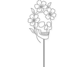 Gray Floral Skull Trellis Stake, 3D Printed Gothic Plant Support (12" Tall)