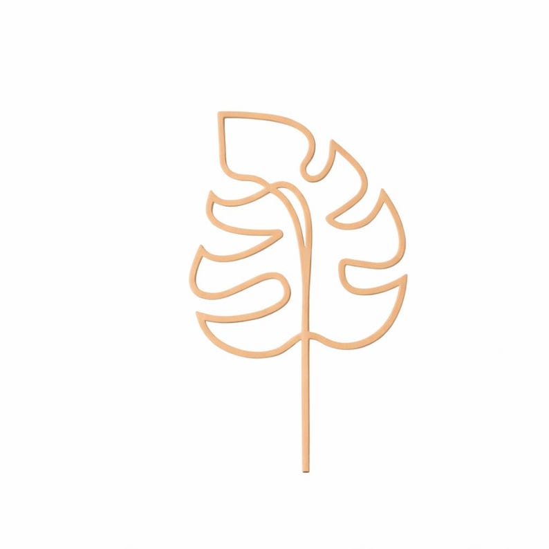 May include: A light brown, minimalist Monstera leaf outline on a white background. The leaf features a stem and the characteristic split leaf design. This decorative piece is ideal for adding a touch of nature to any space.