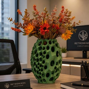 May include: A green vase with a textured, porous, honeycomb-like surface filled with an arrangement of artificial orange and red flowers, including sunflowers and berry-like stems, creating a vibrant contrast against the matte green structure.