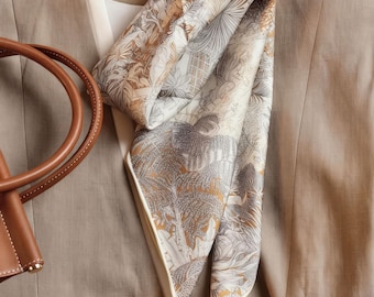 100%Mulberry Silk Scarf,Twill Gold scarf,silk scarf square,head scarf,elegant and Luxury square scarf,Jungle pattern Scarf,Gift for her