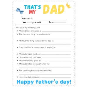 All About My Dad Father&#39;s Day Questionnaire PDF-Instant Download-Fill-In-The-Blank-Kids-Printable, Gift for Father, Daddy, Father, Grandpa.