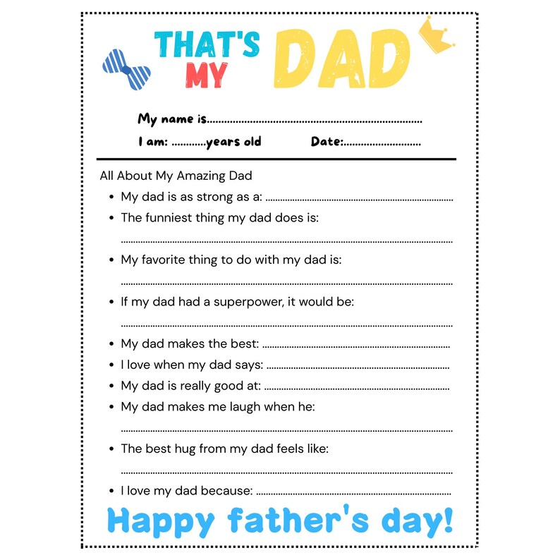All About My Dad Father's Day Questionnaire Pdf-instant Download-fill ...