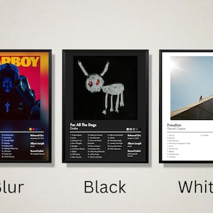May include: Three framed album art prints. The first features the text "STARBOY" and an image of a person. The second has a drawing of a donkey with the text "For All The Dogs". The third shows a person on a building with the text "Freudian".