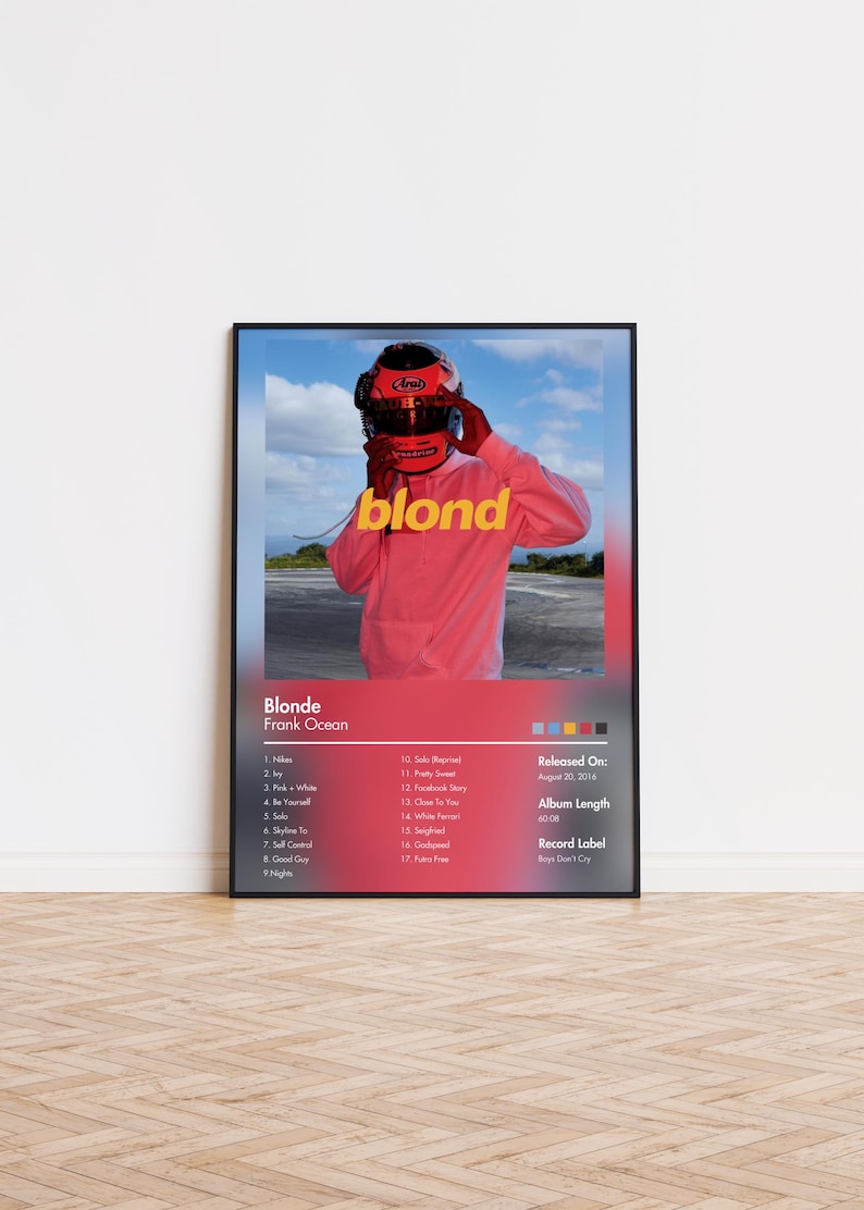 May include: Framed poster featuring the album cover for "Blonde" by Frank Ocean. The artwork shows a person in a pink outfit and a helmet with the word "blond" in pink. The poster includes the album's tracklist and release information.