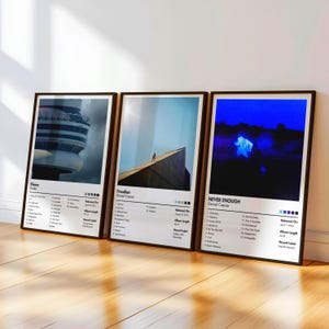 May include: Three framed album art posters. The left poster is titled "Views" by Drake, the middle poster is "Freudian" by Daniel Caesar, and the right poster is "Never Enough" by Daniel Caesar. Each poster has a black frame and is displayed on a wooden floor.